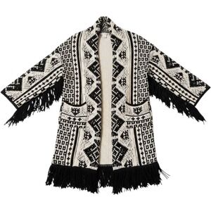 Glamorous Cardigan Sweater XS Black White Fringe Tribal Geometric Boho Aesthetic